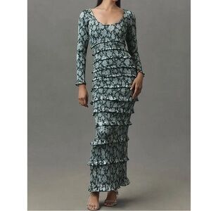NWT V. Chapman Lanie Scoop-Neck Ruched Ruffled Satin Maxi Dress
